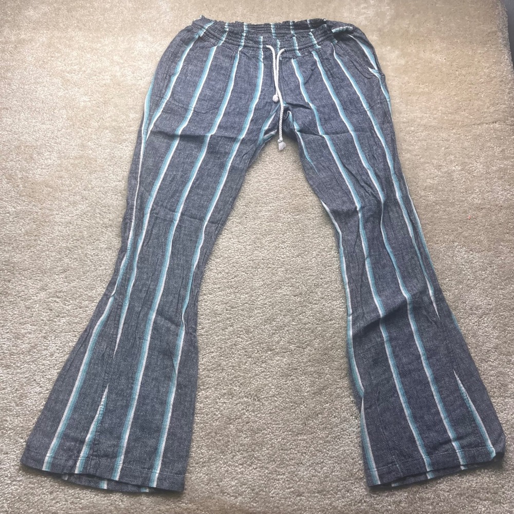 Roxy Blue Striped Linen Blend Flare Leg Beach Pants Elastic Waist Drawstring